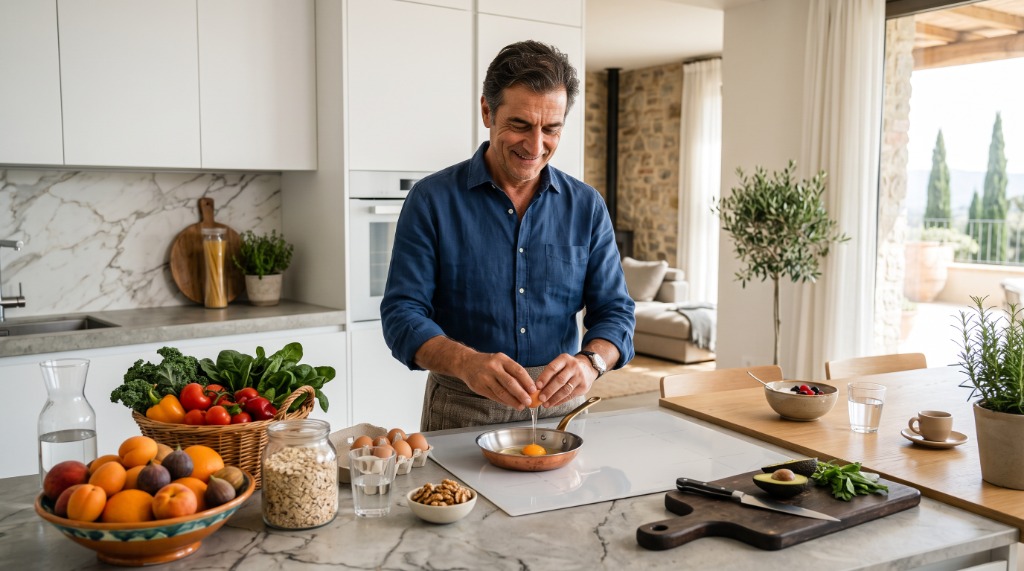 Uomo che cucina alimenti freschi e salutari